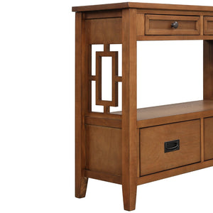 English Elm 36'' Solid Pine Farmhouse Console Four Drawer Entryway Table with Open Shelf Brown W120246663