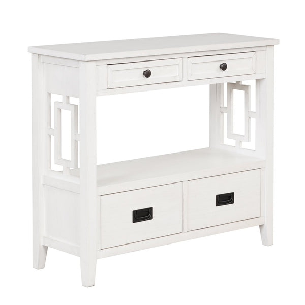 English Elm 36'' Solid Pine Farmhouse Console Four Drawer Entryway Table with Open Shelf Antique White W120246661