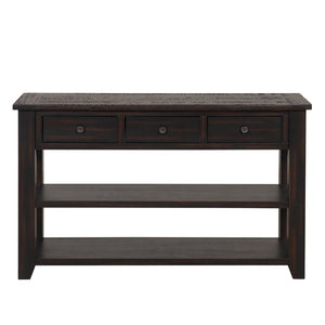 English Elm 48'' Pine Wood Console Table Vintage Entryway Piece with 3 Drawers and Open Shelves Distressed Black W1202P360958