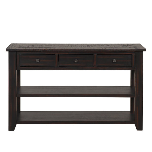 English Elm 48'' Pine Wood Console Table Vintage Entryway Piece with 3 Drawers and Open Shelves Distressed Black W1202P360958