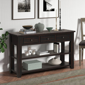 English Elm 48'' Pine Wood Console Table Vintage Entryway Piece with 3 Drawers and Open Shelves Distressed Black W1202P360958