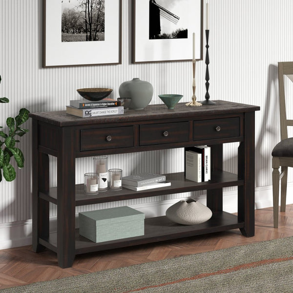 English Elm 48'' Pine Wood Console Table Vintage Entryway Piece with 3 Drawers and Open Shelves Distressed Black W1202P360958