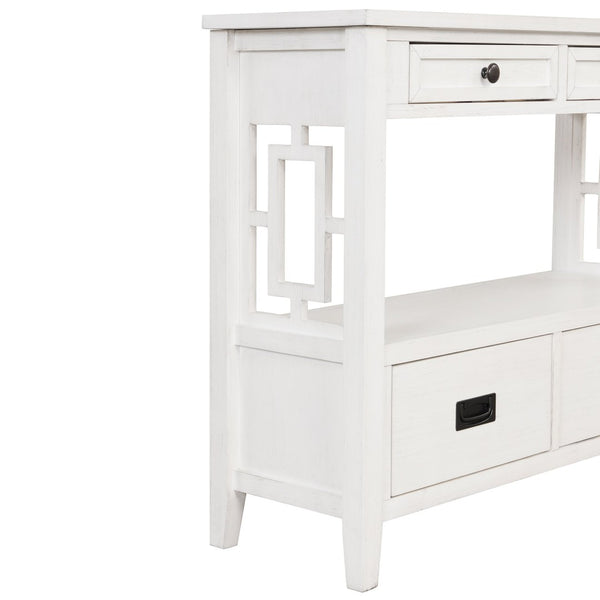 English Elm 36'' Solid Pine Farmhouse Console Four Drawer Entryway Table with Open Shelf Antique White W120246661