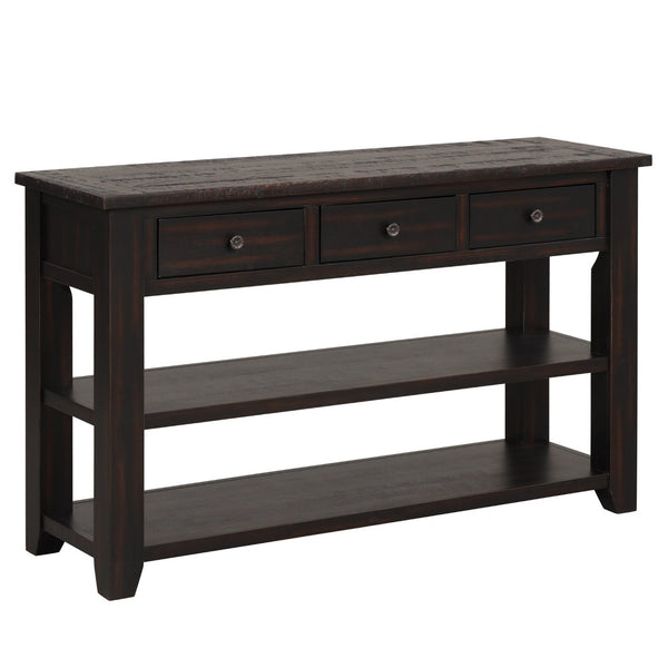 English Elm 48'' Pine Wood Console Table Vintage Entryway Piece with 3 Drawers and Open Shelves Distressed Black W1202P360958