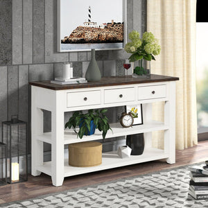 English Elm 48'' Pine Wood Console Table Vintage Entryway Piece with 3 Drawers and Open Shelves Antique White W1202P360964