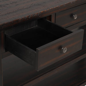 English Elm 48'' Pine Wood Console Table Vintage Entryway Piece with 3 Drawers and Open Shelves Distressed Black W1202P360958