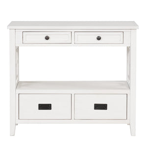 English Elm 36'' Solid Pine Farmhouse Console Four Drawer Entryway Table with Open Shelf Antique White W120246661