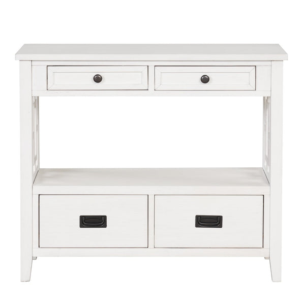 English Elm 36'' Solid Pine Farmhouse Console Four Drawer Entryway Table with Open Shelf Antique White W120246661