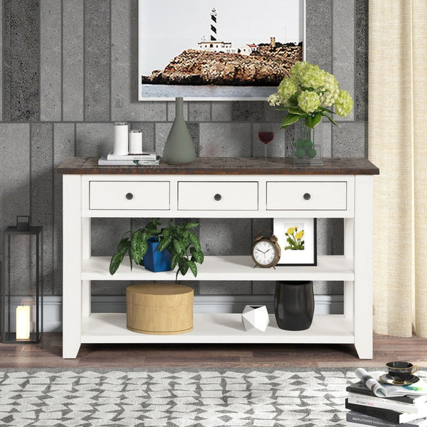 English Elm 48'' Pine Wood Console Table Vintage Entryway Piece with 3 Drawers and Open Shelves Antique White W1202P360964