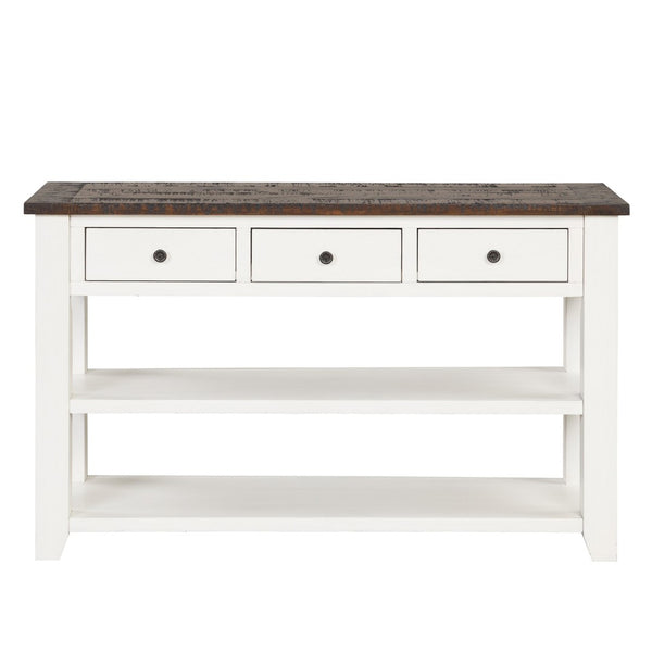 English Elm 48'' Pine Wood Console Table Vintage Entryway Piece with 3 Drawers and Open Shelves Antique White W1202P360964