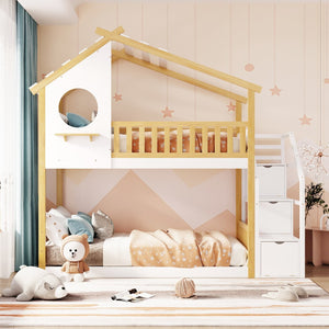 English Elm Stairway Twin Over Kids Bunk Bed Cabin Style with Built-in Storage Drawers LT001308AAK