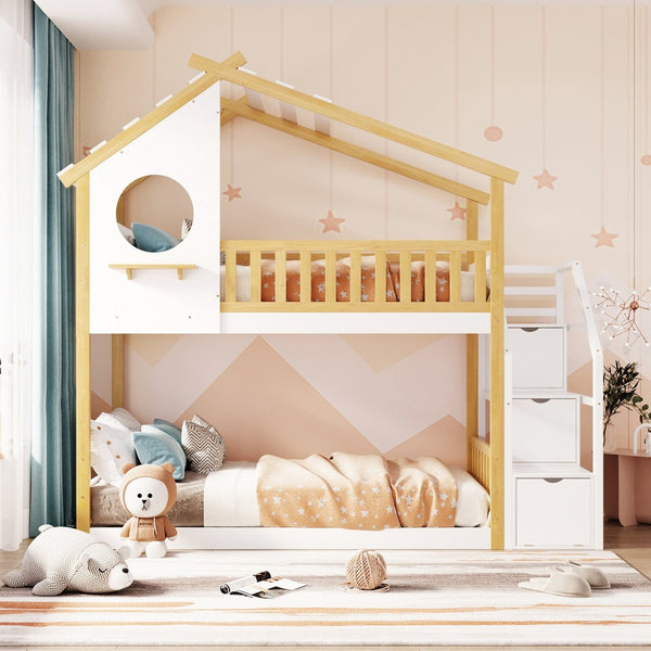 English Elm Stairway Twin Over Kids Bunk Bed Cabin Style with Built-in Storage Drawers LT001308AAK