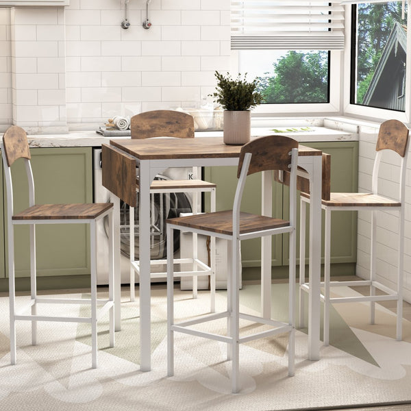 English Elm TOPMAX Counter Height Drop Leaf Dining Set for 4 — Rustic Brown MDF Top with White Iron Frame, Space-Saving Comfort WF290233AAK