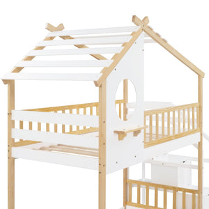 English Elm Stairway Twin Over Kids Bunk Bed Cabin Style with Built-in Storage Drawers LT001308AAK