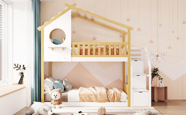 English Elm Stairway Twin Over Kids Bunk Bed Cabin Style with Built-in Storage Drawers LT001308AAK