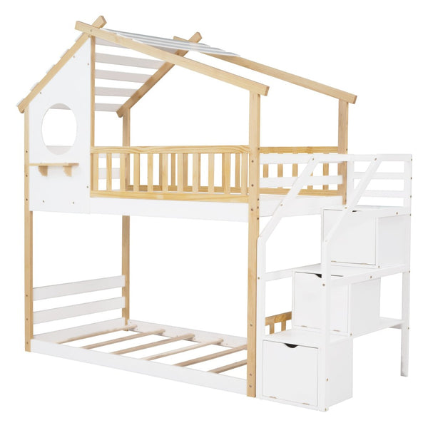 English Elm Stairway Twin Over Kids Bunk Bed Cabin Style with Built-in Storage Drawers LT001308AAK
