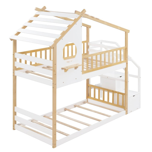 English Elm Stairway Twin Over Kids Bunk Bed Cabin Style with Built-in Storage Drawers LT001308AAK