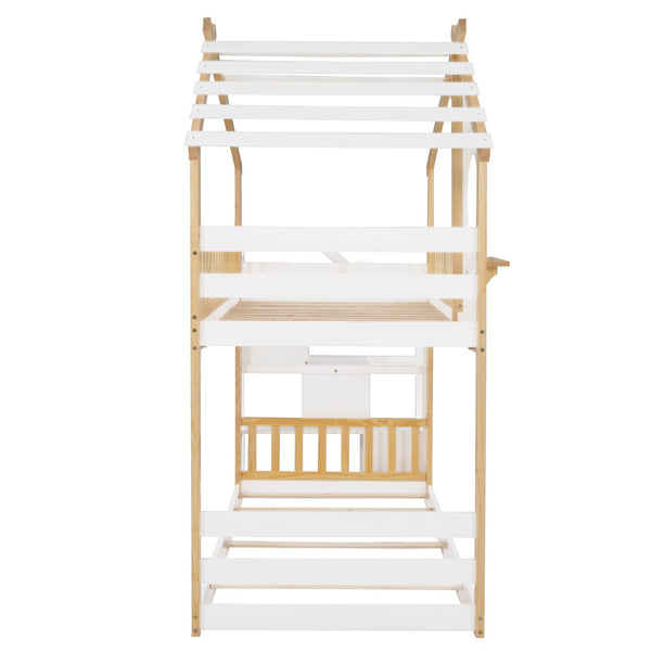 English Elm Stairway Twin Over Kids Bunk Bed Cabin Style with Built-in Storage Drawers LT001308AAK