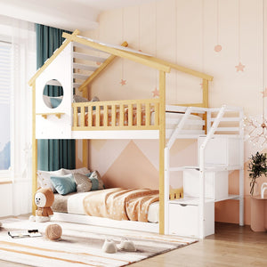 English Elm Stairway Twin Over Kids Bunk Bed Cabin Style with Built-in Storage Drawers LT001308AAK