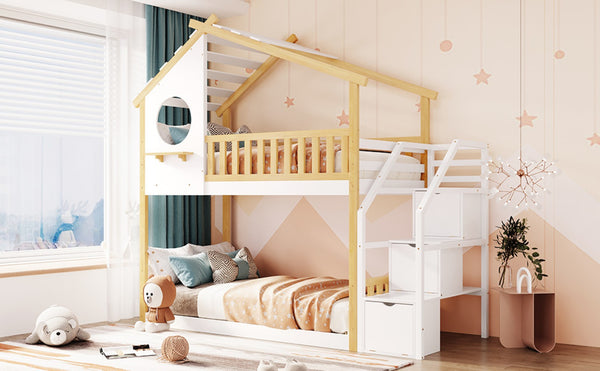 English Elm Stairway Twin Over Kids Bunk Bed Cabin Style with Built-in Storage Drawers LT001308AAK