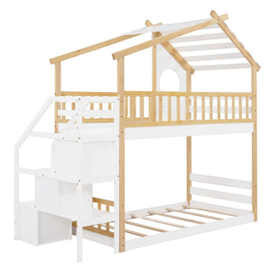 English Elm Stairway Twin Over Kids Bunk Bed Cabin Style with Built-in Storage Drawers LT001308AAK
