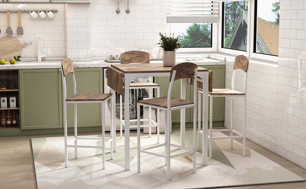 English Elm TOPMAX Counter Height Drop Leaf Dining Set for 4 — Rustic Brown MDF Top with White Iron Frame, Space-Saving Comfort WF290233AAK