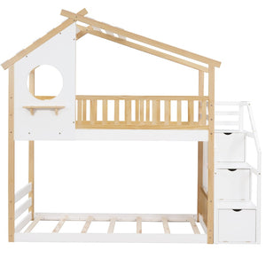 English Elm Stairway Twin Over Kids Bunk Bed Cabin Style with Built-in Storage Drawers LT001308AAK