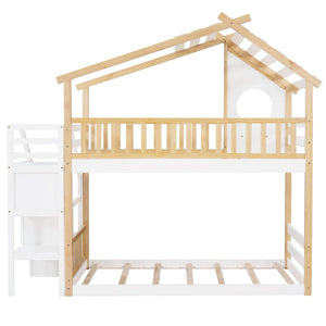 English Elm Stairway Twin Over Kids Bunk Bed Cabin Style with Built-in Storage Drawers LT001308AAK