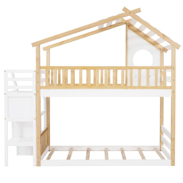 English Elm Stairway Twin Over Kids Bunk Bed Cabin Style with Built-in Storage Drawers LT001308AAK