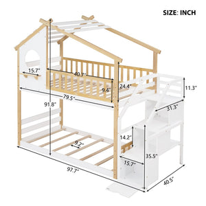 English Elm Stairway Twin Over Kids Bunk Bed Cabin Style with Built-in Storage Drawers LT001308AAK