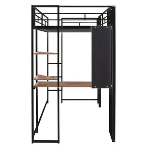 English Elm Twin Metal Loft Bed with Integrated Desk and Shelves for Kids Study Space Black MF291671AAB