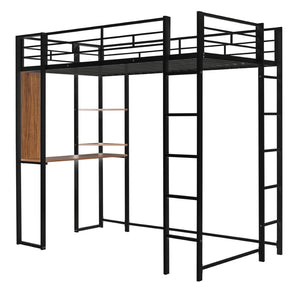 English Elm Twin Metal Loft Bed with Integrated Desk and Shelves for Kids Study Space Black MF291671AAB