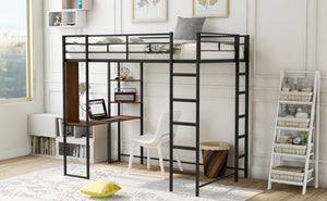 English Elm Twin Metal Loft Bed with Integrated Desk and Shelves for Kids Study Space Black MF291671AAB