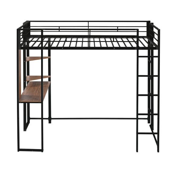English Elm Twin Metal Loft Bed with Integrated Desk and Shelves for Kids Study Space Black MF291671AAB