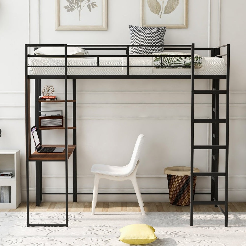 English Elm Twin Metal Loft Bed with Integrated Desk and Shelves for Kids Study Space Black MF291671AAB