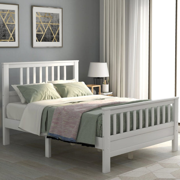 English Elm Wood Pine Platform Bed Paneled Headboard Footboard Full Size Minimalist Bedroom Frame WF192974AAK