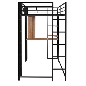 English Elm Twin Metal Loft Bed with Integrated Desk and Shelves for Kids Study Space Black MF291671AAB