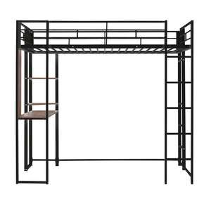 English Elm Twin Metal Loft Bed with Integrated Desk and Shelves for Kids Study Space Black MF291671AAB