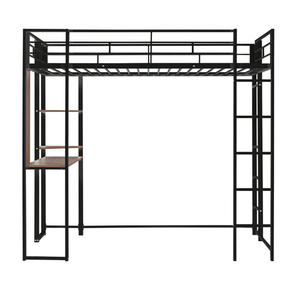 English Elm Twin Metal Loft Bed with Integrated Desk and Shelves for Kids Study Space Black MF291671AAB