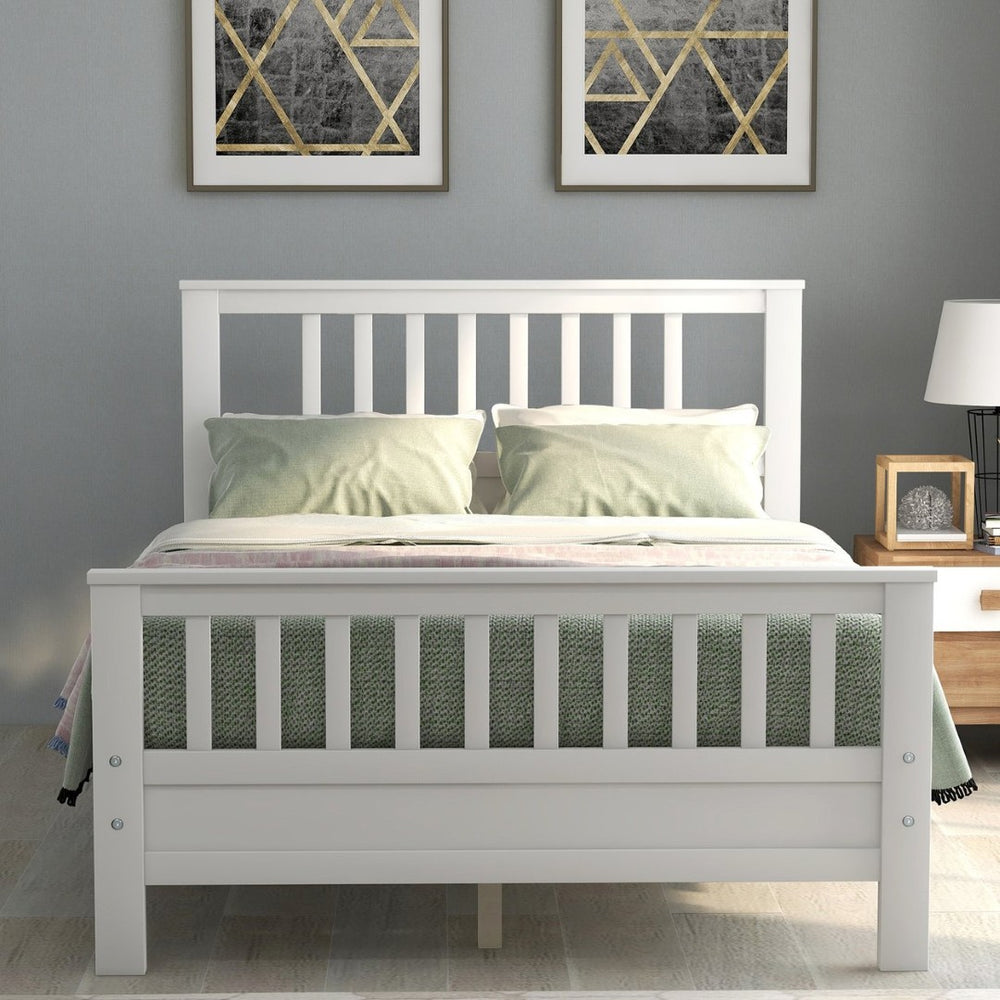 English Elm Wood Pine Platform Bed Paneled Headboard Footboard Full Size Minimalist Bedroom Frame WF192974AAK