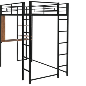 English Elm Twin Metal Loft Bed with Integrated Desk and Shelves for Kids Study Space Black MF291671AAB