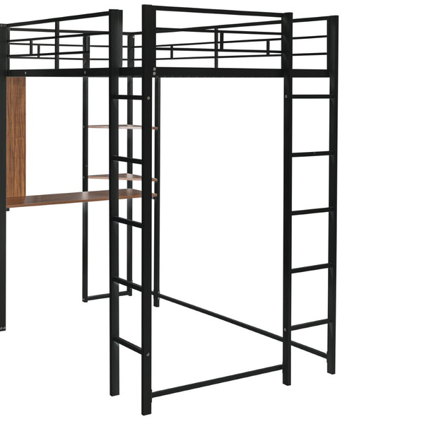 English Elm Twin Metal Loft Bed with Integrated Desk and Shelves for Kids Study Space Black MF291671AAB