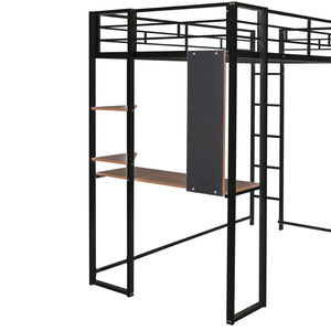 English Elm Twin Metal Loft Bed with Integrated Desk and Shelves for Kids Study Space Black MF291671AAB