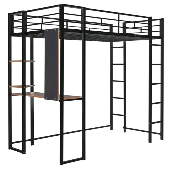 English Elm Twin Metal Loft Bed with Integrated Desk and Shelves for Kids Study Space Black MF291671AAB