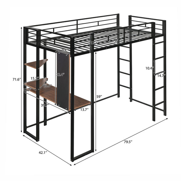 English Elm Twin Metal Loft Bed with Integrated Desk and Shelves for Kids Study Space Black MF291671AAB