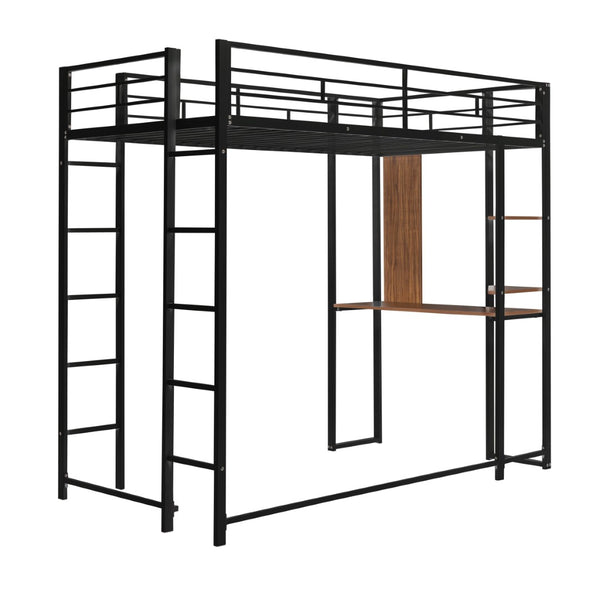 English Elm Twin Metal Loft Bed with Integrated Desk and Shelves for Kids Study Space Black MF291671AAB