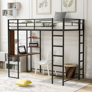 English Elm Twin Metal Loft Bed with Integrated Desk and Shelves for Kids Study Space Black MF291671AAB