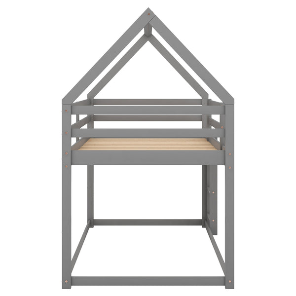 English Elm Twin Low Bunk Bed House Frame with Ladder, Pine & MDF Durable Construction for Kids' Cozy Playroom Gray WF285733AAE