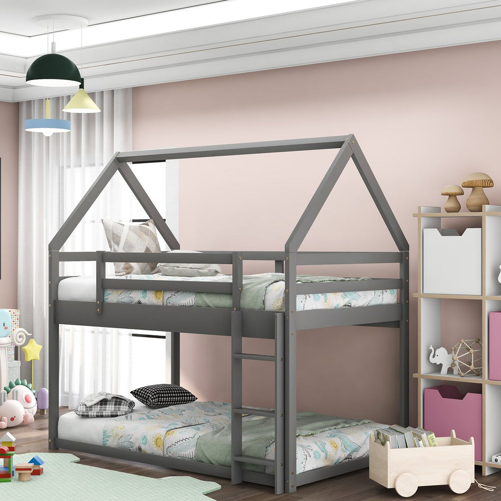 English Elm Twin Low Bunk Bed House Frame with Ladder, Pine & MDF Durable Construction for Kids' Cozy Playroom Gray WF285733AAE
