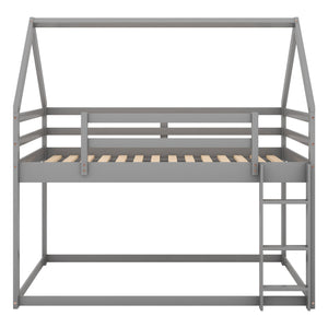 English Elm Twin Low Bunk Bed House Frame with Ladder, Pine & MDF Durable Construction for Kids' Cozy Playroom Gray WF285733AAE
